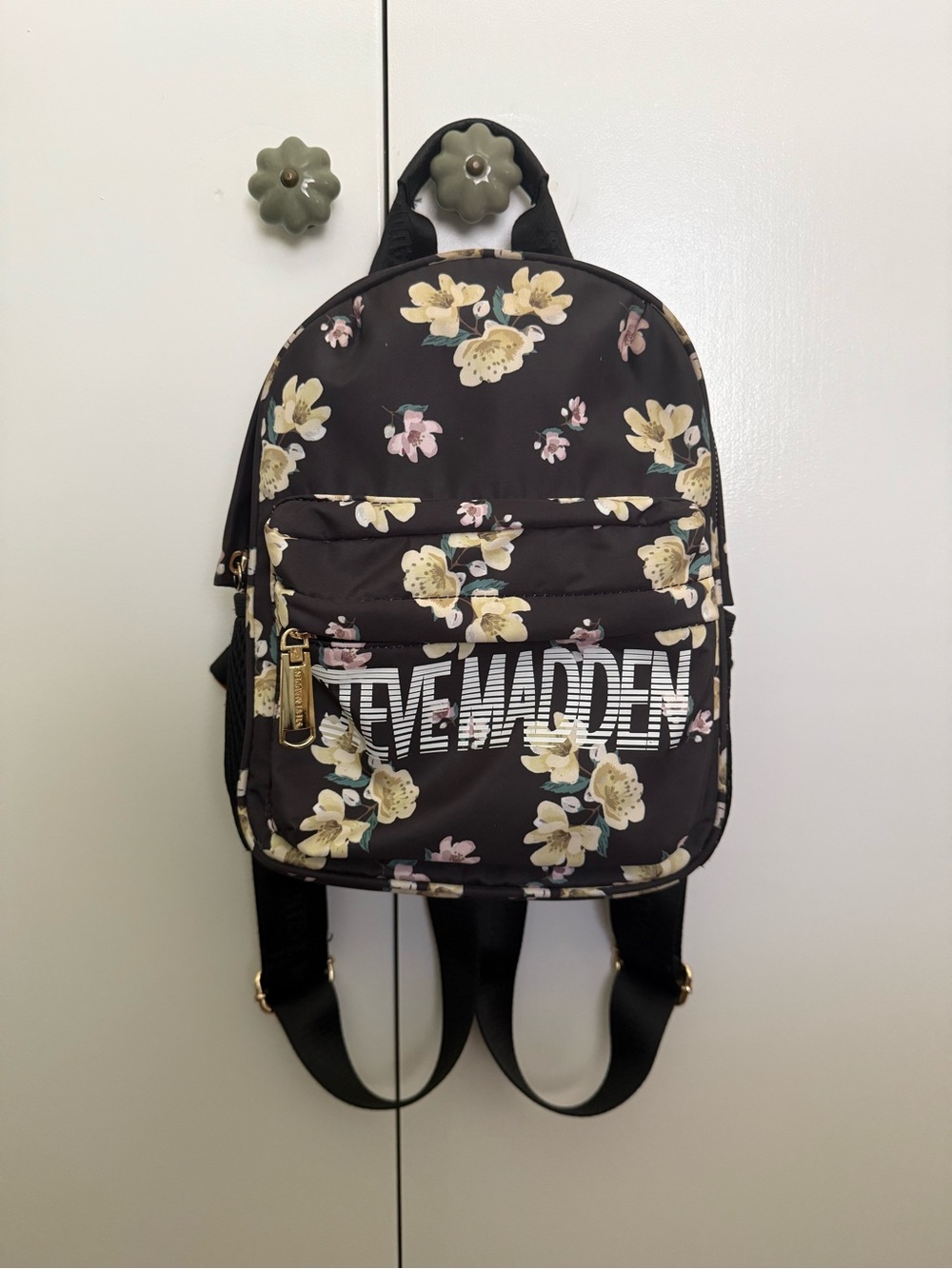 Steve Madden Black Floral Mini Backpack with Gold Accents